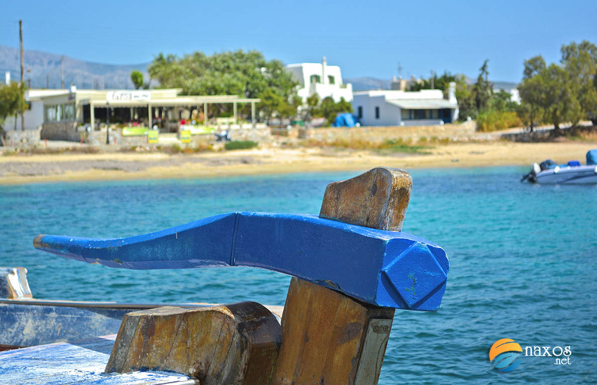 View of fishing boat rudder docked at Agia Anna