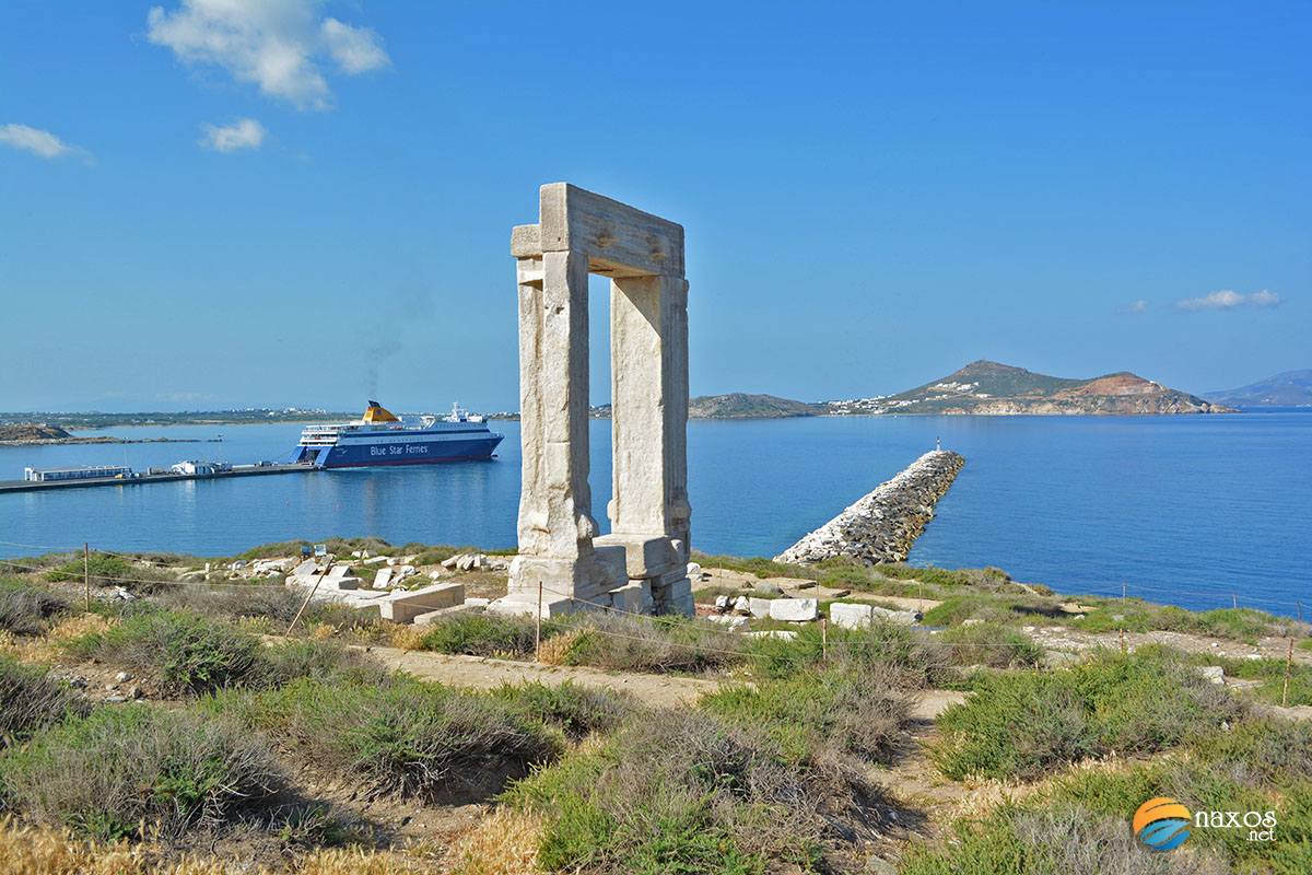 The huge marble door at the entrance to port of Naxos Town